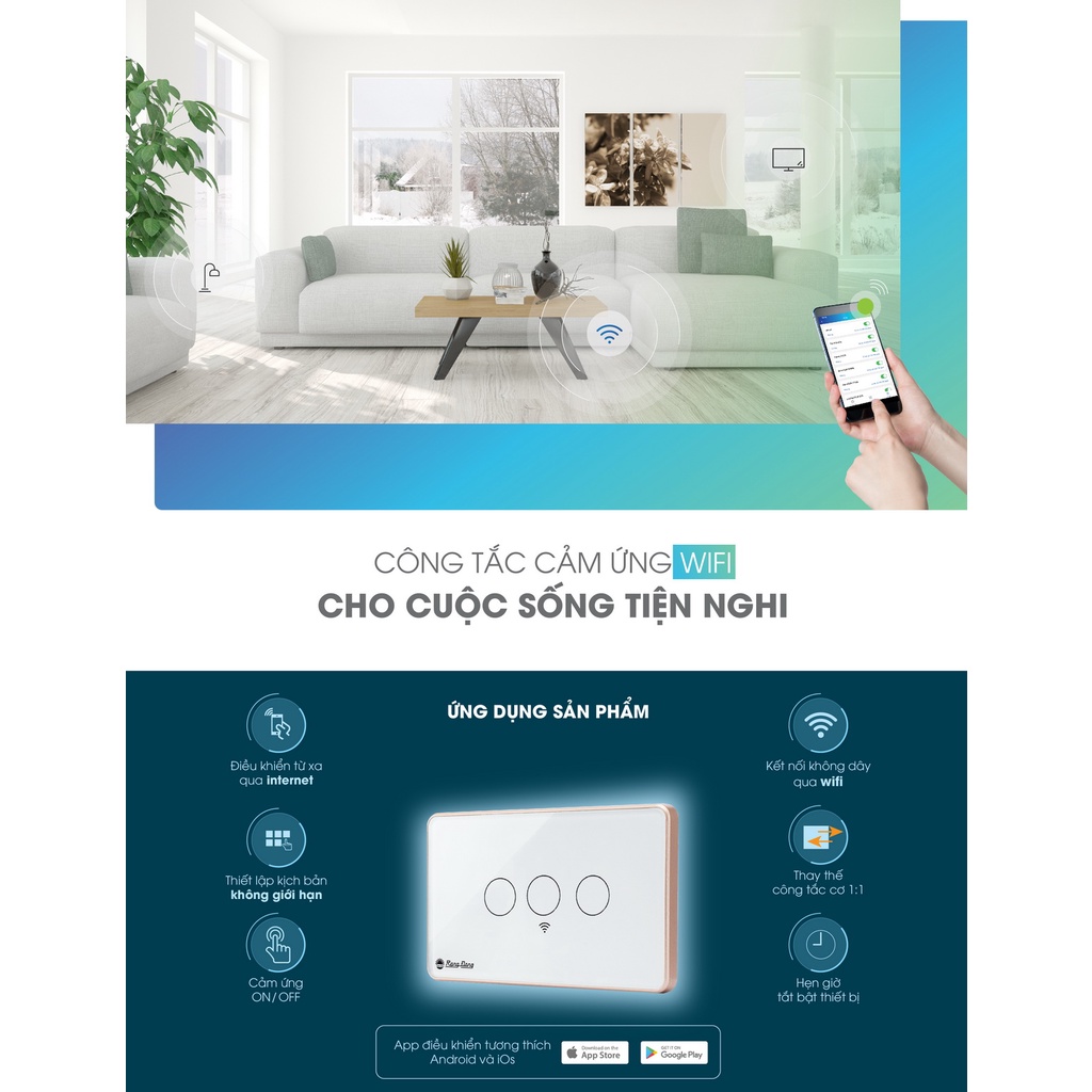 Công tắc cảm ứng thông minh Wifi Rạng Đông hình chữ nhật 1-2-3-4 Nút điều khiển qua APP - Model: CTCU.WF CN.03T