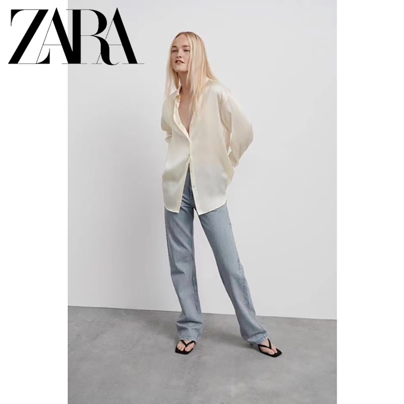 Zara Áo Sơ Mi Vải Lụa Satin Màu Trơn Thiết Kế Thanh Lịch Cho Nữ