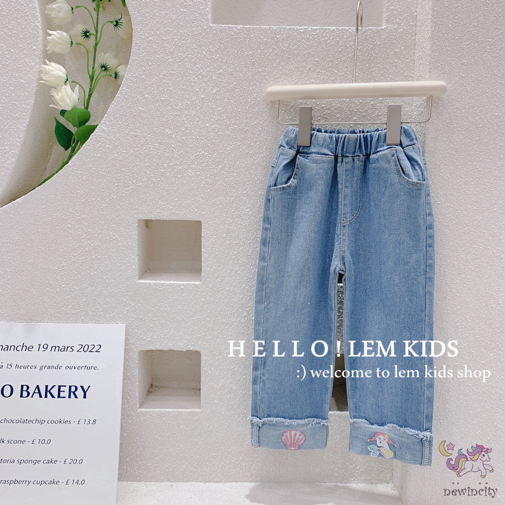 Bộ Áo Sơ Mi Cổ Thêu Họa Tiết Hoạt Hình Nàng Tiên Cá + Quần Jeans Cho Bé Gái