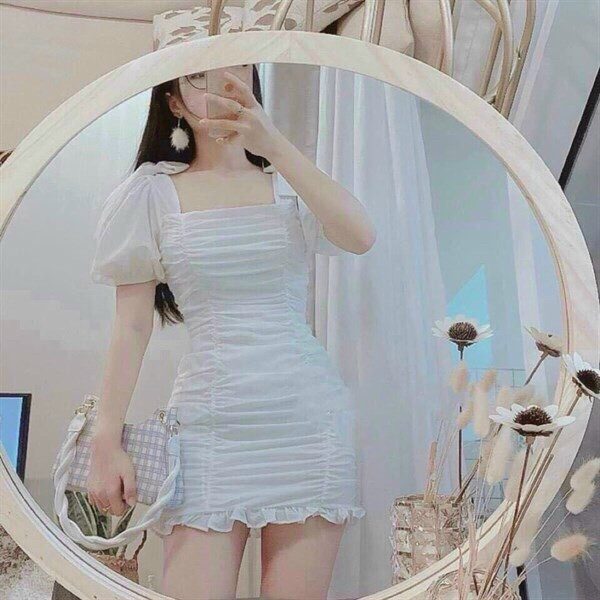 Đầm body tiểu thư tay phồng, đầm trắng nhún cổ vuông cột nơ vai,  váy trắng tay búp ôm body nhún đuôi cá sang chảnh