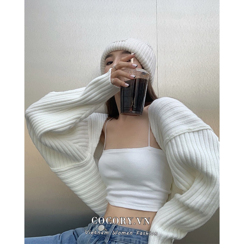 Cocory vn Áo len tay dài + áo khoác cardigan dệt kim 3 màu thời trang cho nữ