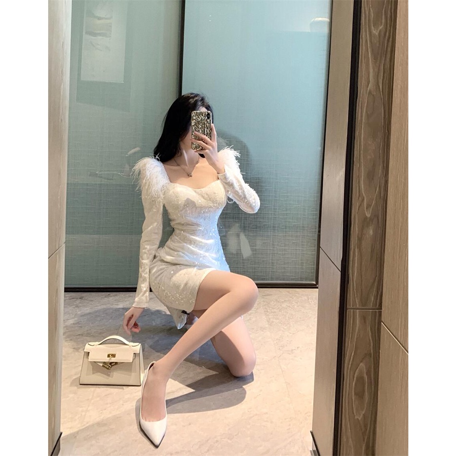 Đầm Váy Thiết Kế Body Ngắn Màu Trắng Phối Lông Vũ Màu Trắng Phong Cách Sang Chảnh Sexy Quyến Rũ Kiểu Mới Dự Tiệc | BigBuy360 - bigbuy360.vn