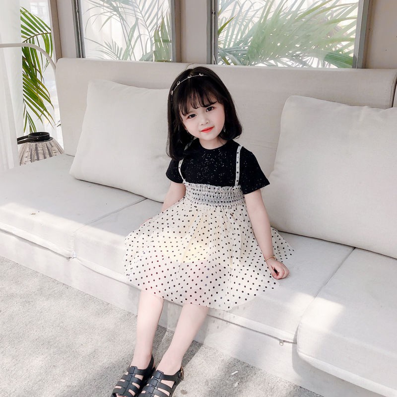 Đầm Hoạ Tiết Chấm Bi Phối Lưới Kiểu Công Chúa Phong Cách Hàn Quốc Thiết Kế Dễ Thương Cho Bé Gái