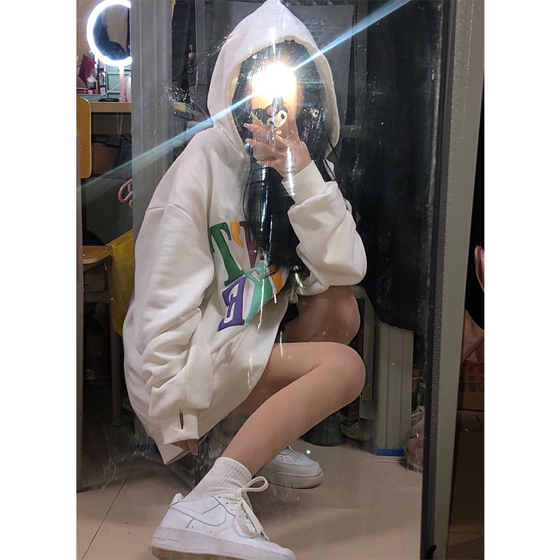 Áo hoodie nữ form rộng dày chữ nổi màu trắng chất nỉ bông mũ 2 lớp nhiều màu thời trang