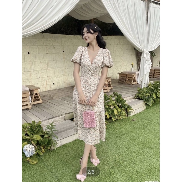 Đầm Lép vintage hoa nhí tay phồng xẻ đùi nữ tính
