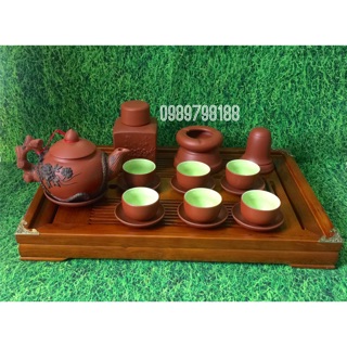 Bộ ấm chén tử sa phù dung đắp nổi  Gốm sứ Bát Tràng cao cấp đủ phụ kiện kèm khay gỗ 