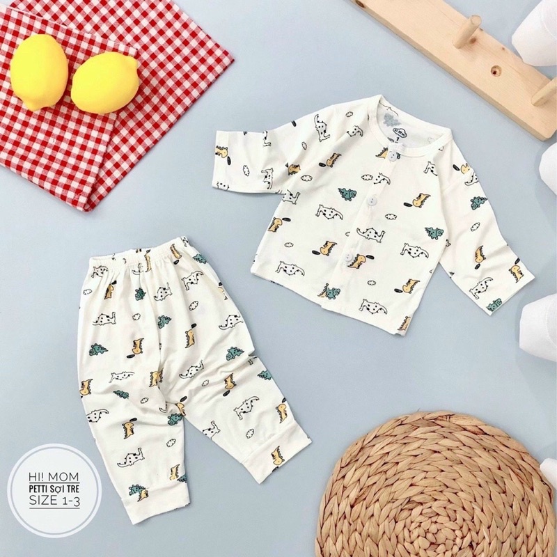 Bộ sơ sinh tông màu trắng họa tiết  dài tay  chất  pettit siêu mềm mát Himom