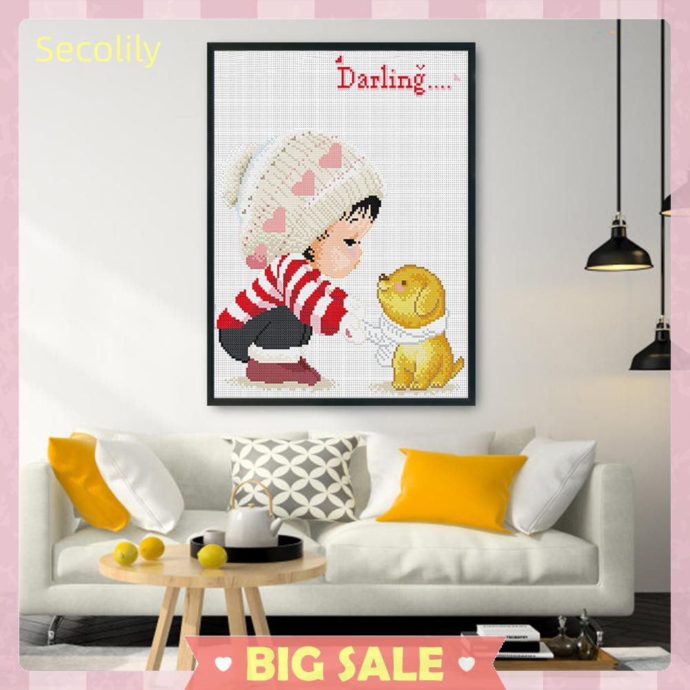 Tranh vải canvas thêu chữ thập hình bé gái và động vật dễ thương trang trí nhà ở 11Ct