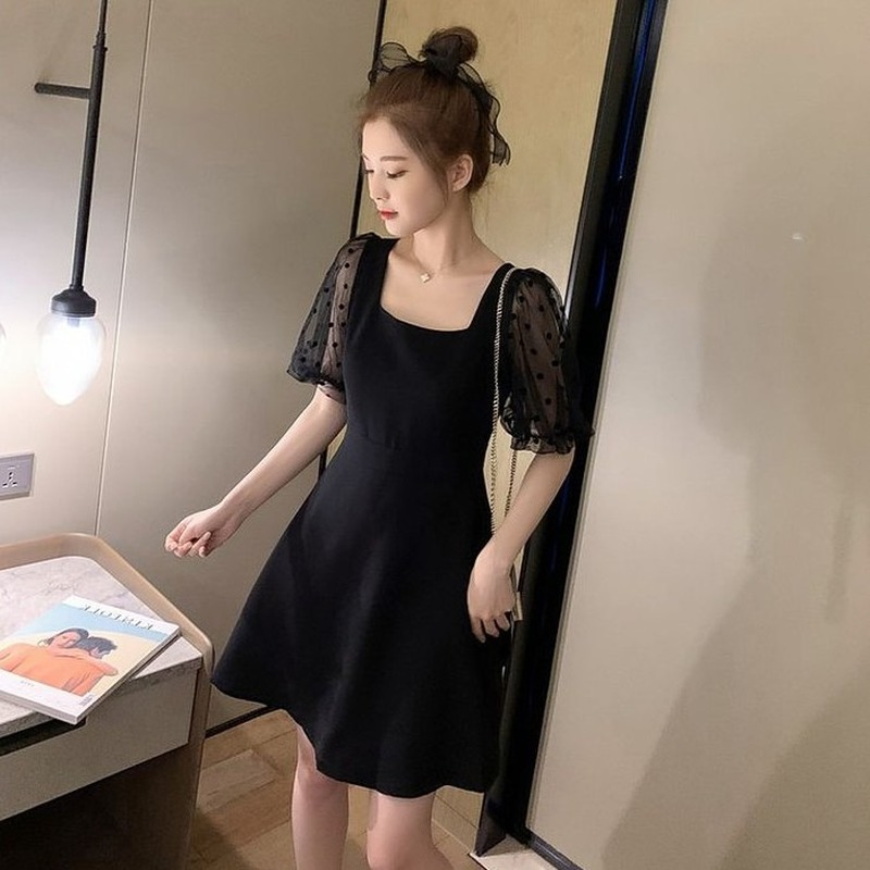 Đầm Ôm Cổ Vuông Họa Tiết Chấm Bi Phong Cách Hàn Quốc Thời Trang Mùa Hè 0318
