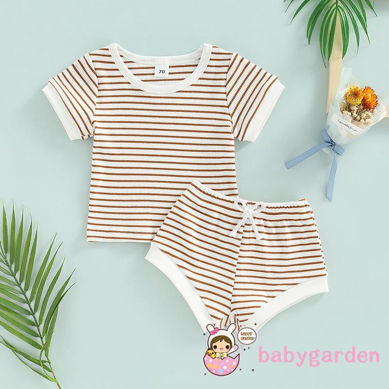 Bộ Áo Thun Ngắn Tay Cổ Tròn Kẻ Sọc + Quần Short Thời Trang Mùa Hè Cho Bé 0-24 Tháng Tuổi