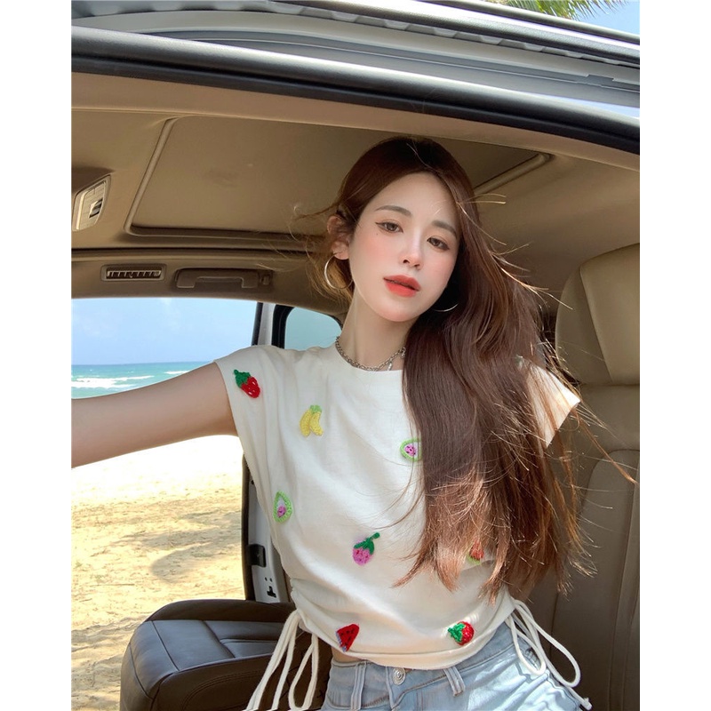 Áo Thun Dệt Kim Sát Nách Phối Dây Rút Thêu Họa Tiết Trái Cây Xinh Xắn