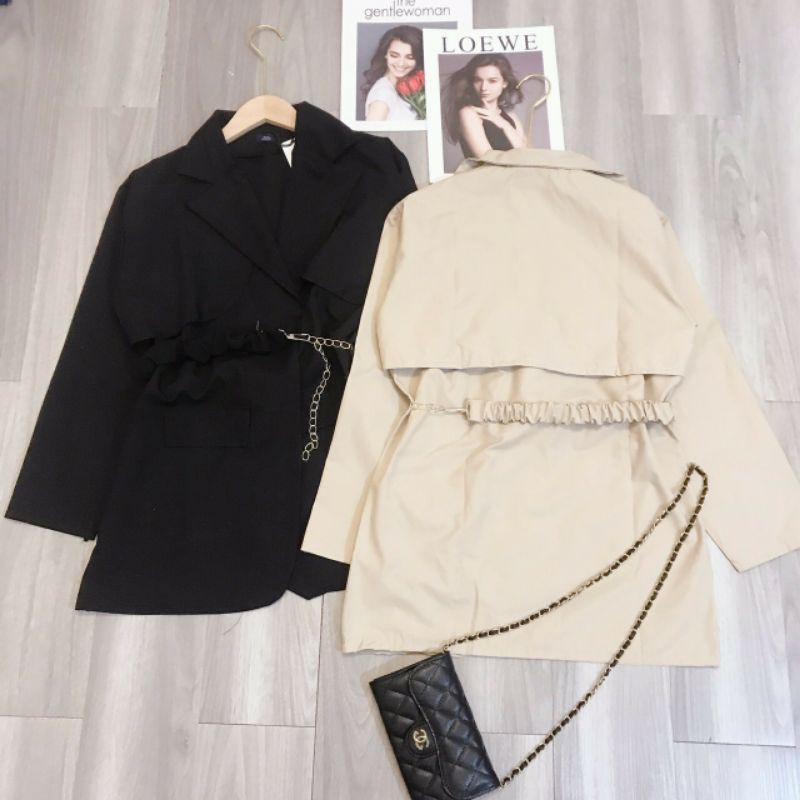 Áo khoác vest blazer thụng basic kèm xích đai mix rời from rộng về 2 màu đen, be nâu- Áo vest nữ 2 lớp chất tuyết mưa