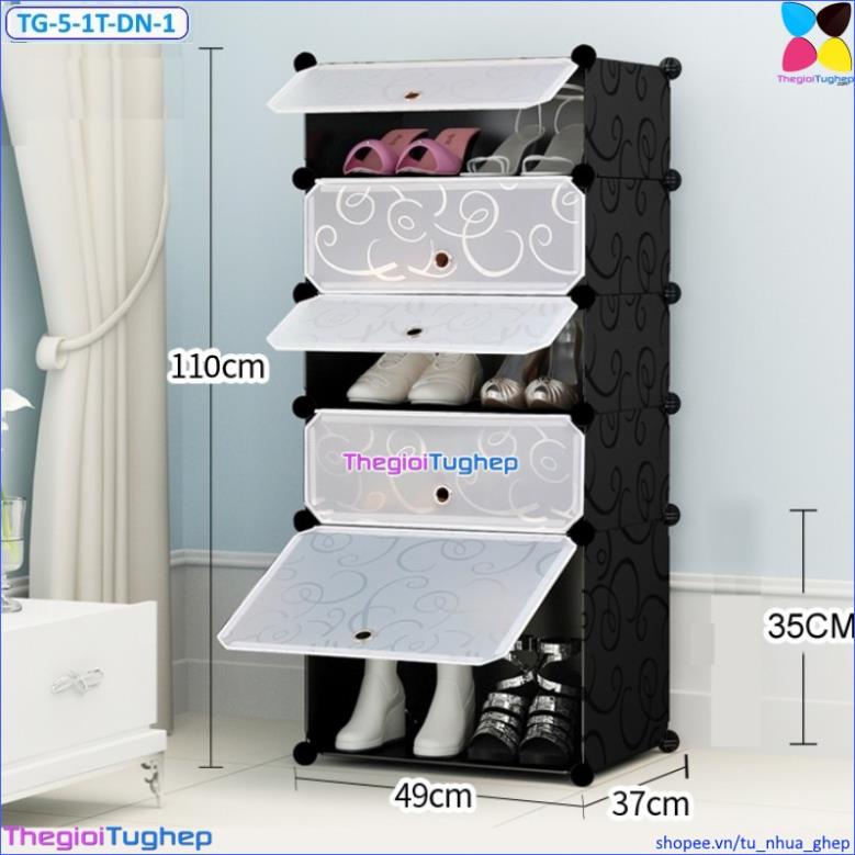 Tủ giầy nhựa lắp ghép 5 ô, có cửa, 5 tầng để được 10 đôi giày, có ô để bốt (Đen vân, Vàng trơn, Xanh dương, Hồng phấn)