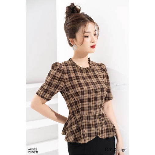 Áo kẻ nâu cúc bọc cao cấp - AK0321
