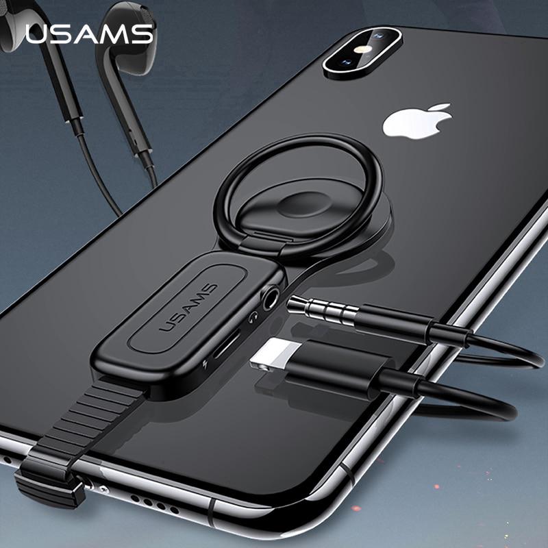 USAMS for iPhone 12 Mini 11 Pro Max 8 7 X XS Max to 3.5mm Audio Adapter Magnetic Ring Holder Fast charging OTG Cable