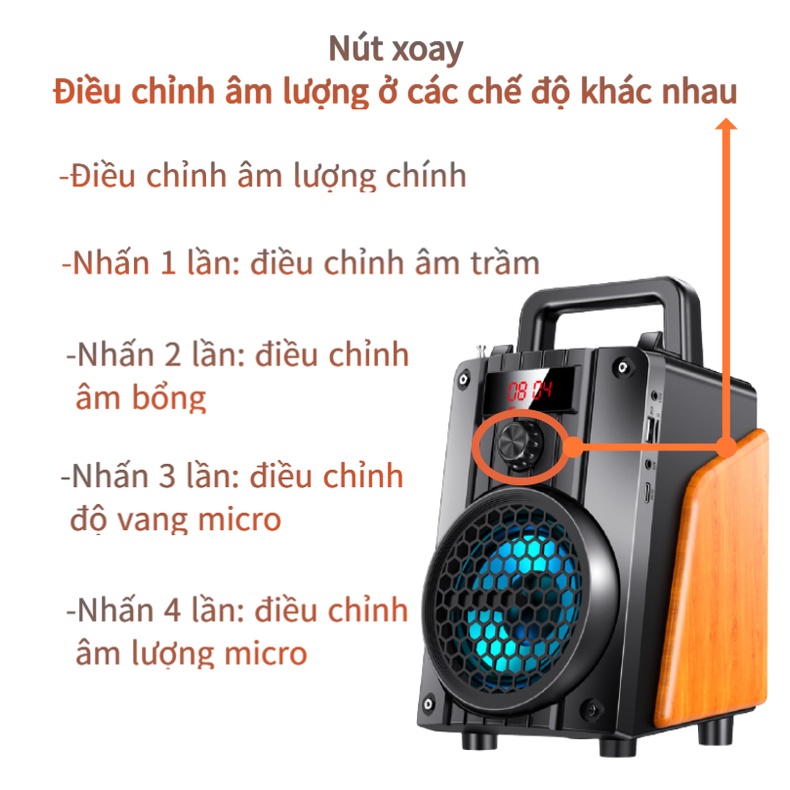 Loa Bluetooth Karaoke Không Dây (Micro Không Dây * 1) Hát Công Suất Lớn 20W + Điều Khiển Từ xa / Đầu Đọc Thẻ / Loa Gỗ