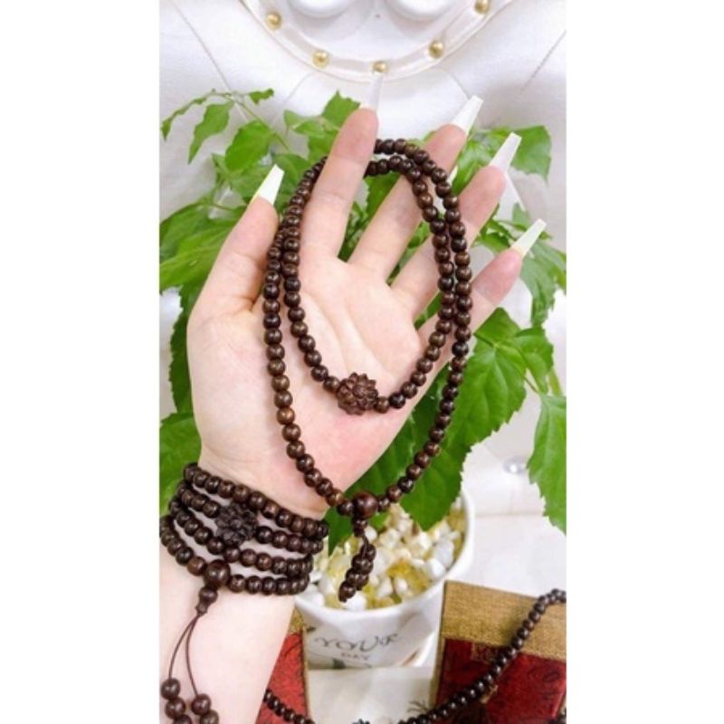 Vòng tay nữ 6 ly (T15) chuỗi tràng hạt 108 gỗ vân mun đuôi công mix Charm hoa sen (T15)