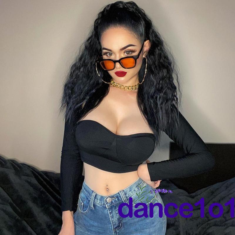 Áo Croptop Tay Dài Cổ Chữ V Màu Trơn