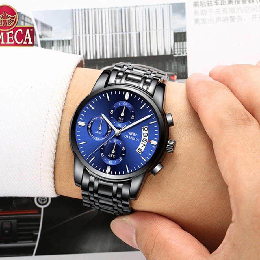 (ĐẲNG CẤP) Đồng hồ nam chạy 6 kim OLMECA máy nhật Kính Tráng Sapphire dây thép đúc đặc