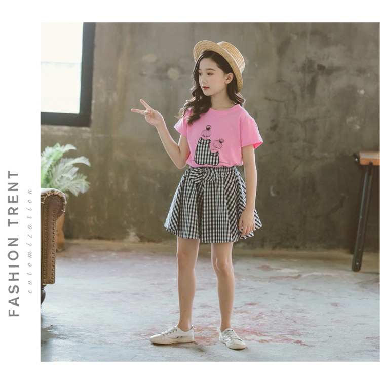 Set Áo Thun Tay Ngắn &amp; Quần Short Caro Phong Cách Hàn Quốc Cho Bé Gái 3-14 Tuổi