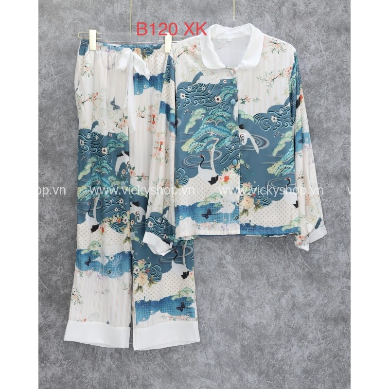 B120 bộ đồ ngủ pijama lụa QCCC tay dài quần dài , chất khách nhận hành chỉ có mê thôi ạ.