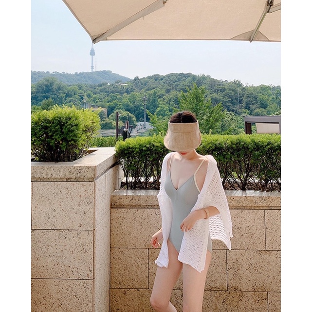 Bikini đồ bơi nữ 1 mảnh liền thân 2 dây cổ V viền màu