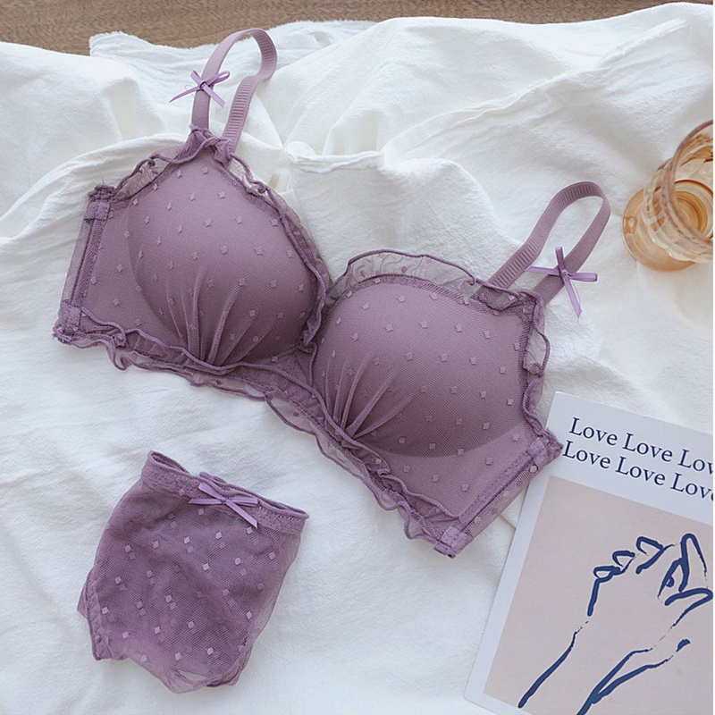 Áo Lót Không Gọng Không Đường May Hoa Văn Chấm Bi Phối Lưới Thời Trang