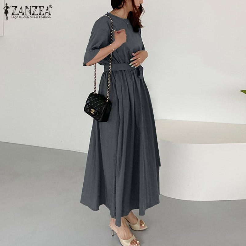 Zanzea Đầm Dài Tay Lửng Thắt Lưng Thun Màu Trơn Cổ Điển Dành Cho Nữ