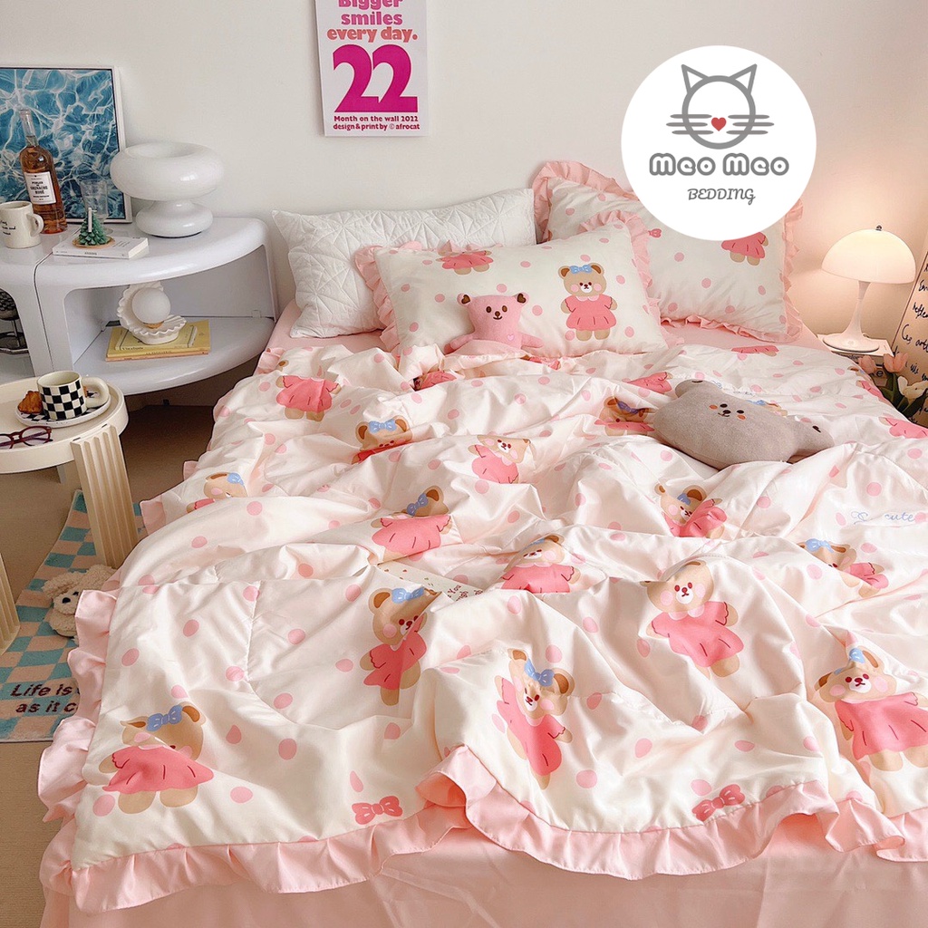 Bộ Chăn Ga Gối Cotton Bèo Chăn Hè Trần Bông Meo Meo Bedding - Nỉ 🦋 Thêu Cao Cấp - Nỉ Mịn Cao Cấp