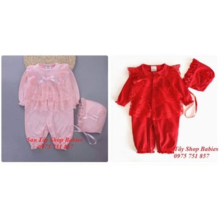 Body dài tay dài chân ren nơ kèm mũ cho bé từ đầy tháng - 12M
