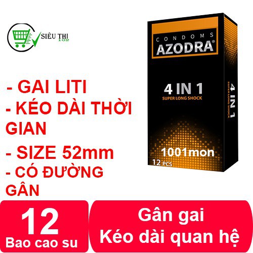 [ 12 bcs ] Bao cao su Azodra 4 in 1 Kéo dài thời gian gân gai