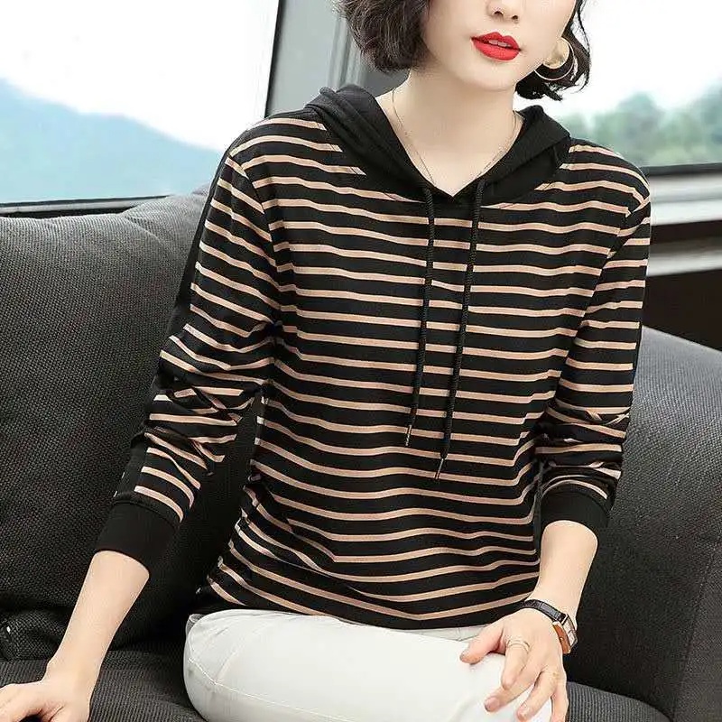 Áo Hoodie cotton Dáng Rộng Tay Dài Kẻ Sọc Ngang Thời Trang Mùa Thu Mới Cho Nữ