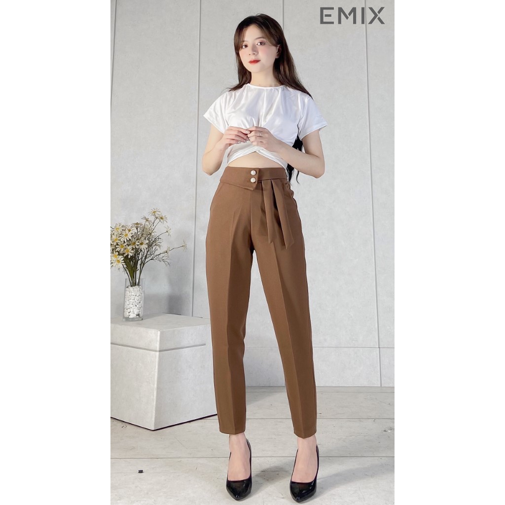 Quần tây nữ baggy 2 khuy EMIX (2 màu), dáng dài, cạp cao, phối 2 dây, form rộng, vải tuyết mưa mềm mịn, không nhàu Q92