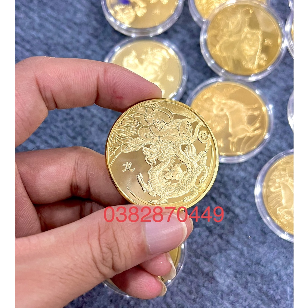 [Rẻ Nhất] Đồng Xu Khắc Hình 12 Con Giáp Mạ Vàng Phong Thủy - Làm Quà Tặng, Trưng Bày, Lì Xì Tết