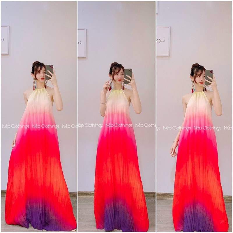 váy maxi yếm dập ly loang màu ombre