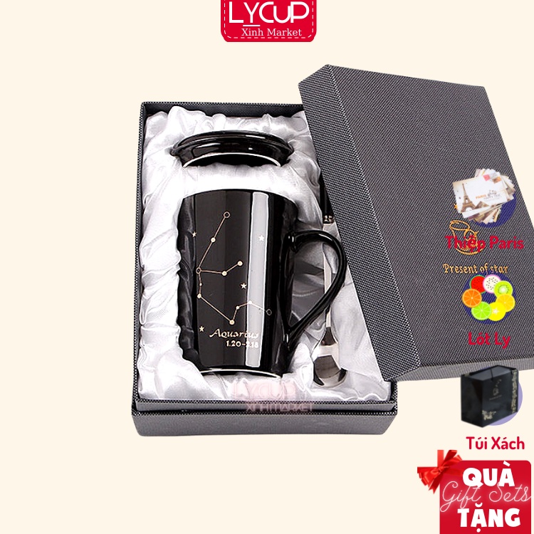 Ly cốc sứ có nắp in hình 12 cung hoàng đạo cực đẹp màu đen huyền bí