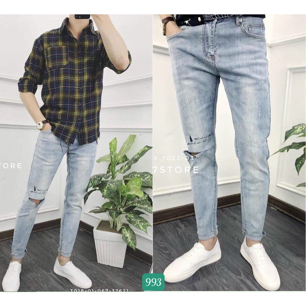 Quần Jeans Nam Chất Bò Rin Cao Cấp Xanh Bạc Rách Gối Co Giãn Ống Côn Dáng Ôm Basic T29