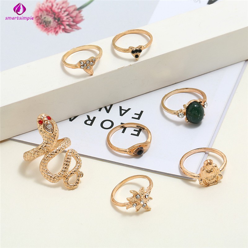 Bộ 7 Nhẫn Mạ Vàng Đính Đá Ngọc Lam