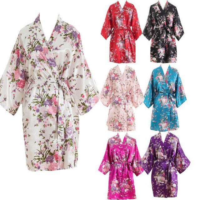 Áo Choàng Tắm Kimono Vải Satin In Hoa Dành Cho Nữ