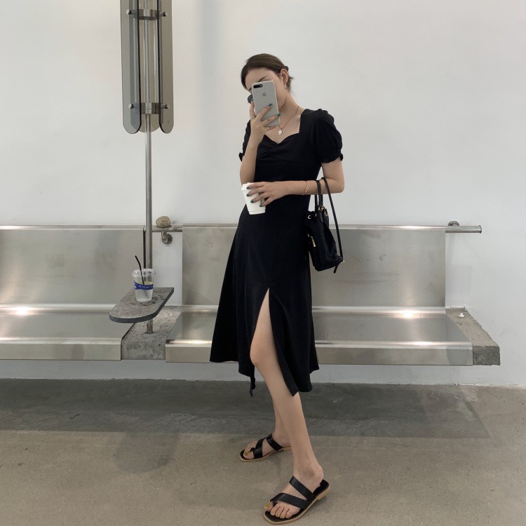 Xiaozhainv Đầm Tay Ngắn Cổ Vuông Họa Tiết Hoa/Màu Trơn Xinh Xắn Thời Trang Phong Cách Cổ Điển | BigBuy360 - bigbuy360.vn