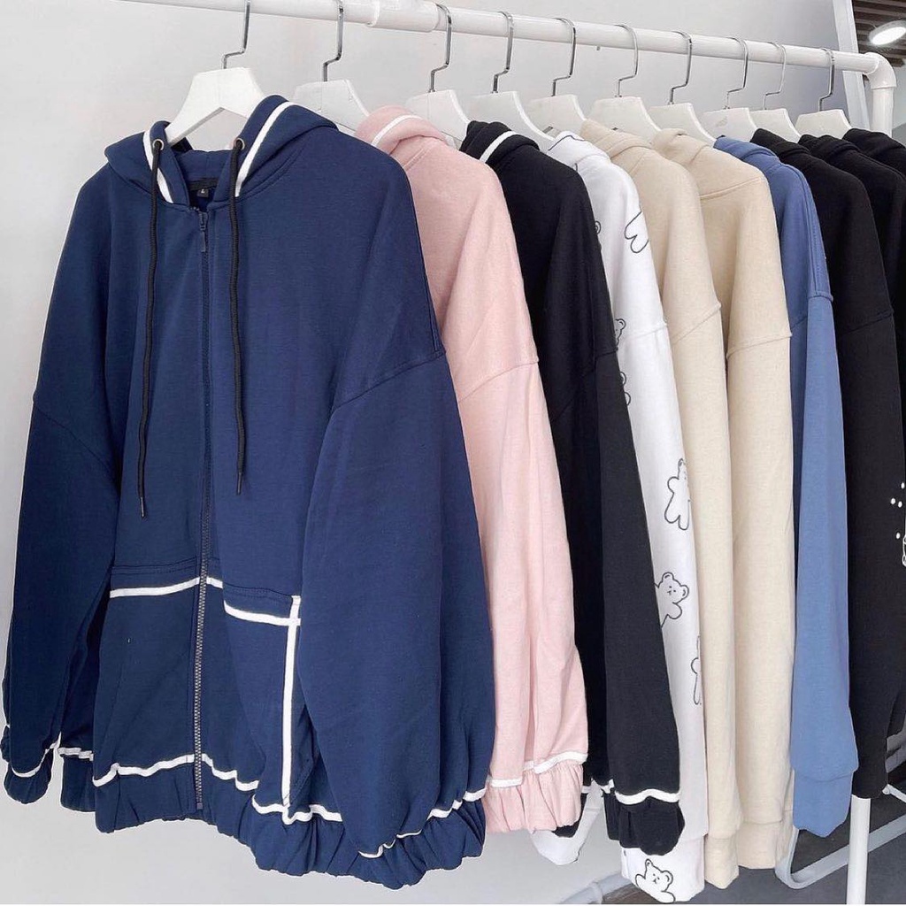 Áo khoác nỉ basic trơn viền trắng có nón form rộng freesize / Áo gió ulzzang unisex kẻ sọc