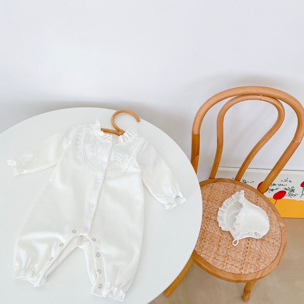Bộ Áo Liền Quần Tay Dài Phối Ren Cổ Bèo Dễ Thương Cho Bé Gái Sơ Sinh Ins2021