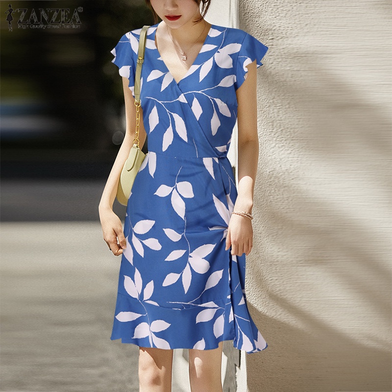 Đầm hoa Zanzea cổ chữ V thời trang thanh lịch cho nữ