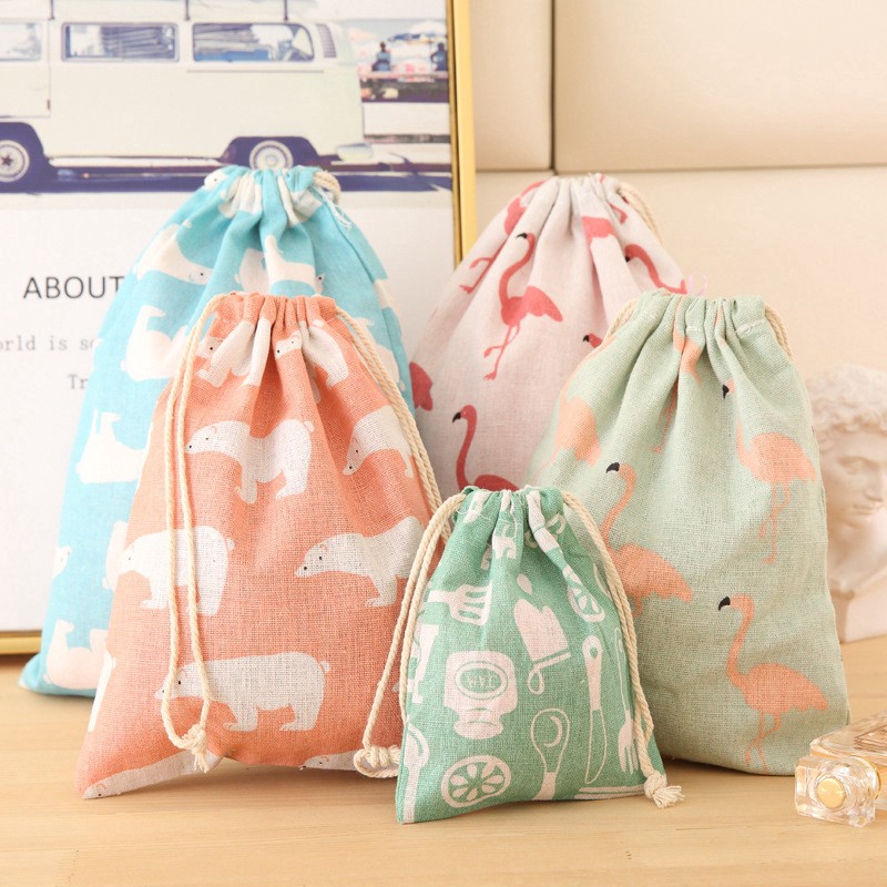 Cute Cartoon Home Cotton Linen Drawstring Storage Bag