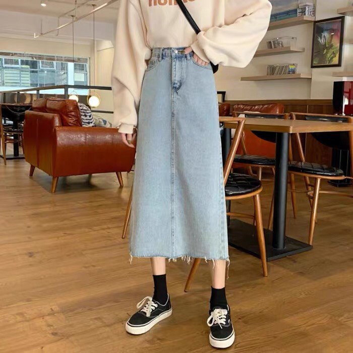 Chân váy nữ cạp cao, chân váy midi tua gấu xẻ sau phong cách_A10