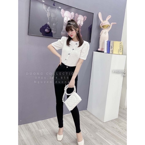 Áo kiểu phối viền bèo đính nơ xẻ lai trước cổ tròn tay ngắn a1102
