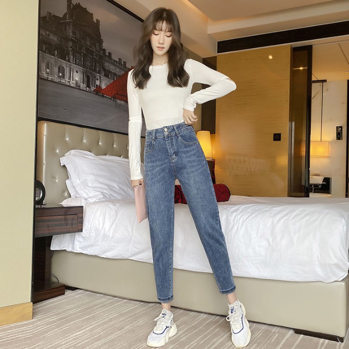quần jean nữ lưng cao chất vãi co giãn cao cấp in dập nổi cạp 2 khuy dáng boy