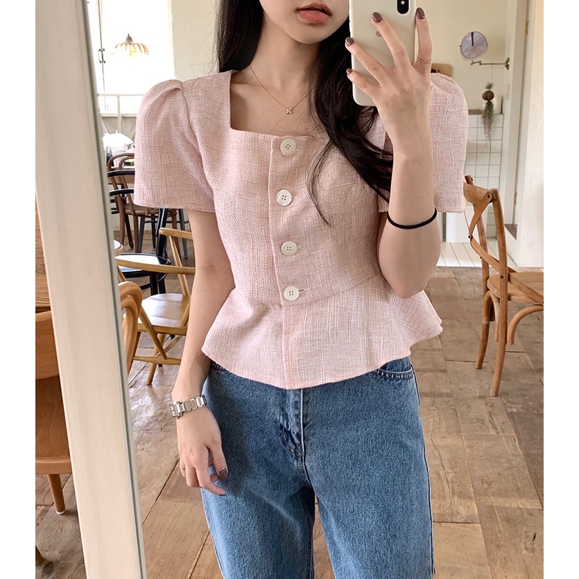 Áo Kiểu Tay Phồng Ngắn Cổ Vuông Thời Trang Hàn Quốc Xinh Xắn Cho Nữ