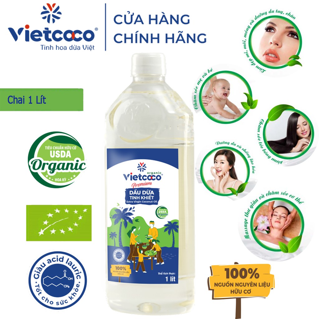 Dầu dừa tinh khiết Premium Organic VIETCOCO - 1000ml ( MẪU MỚI)