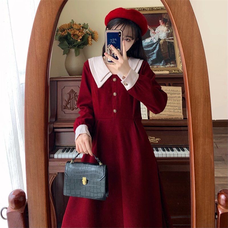 VÁY NHUNG TĂM CỔ SƠ MI